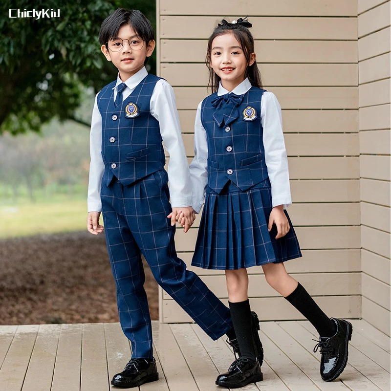 

Children School Uniform Girls Korean Japanese Plaid Jacket Pleated Skirt Boys Formal Dress Suits Kids Student Clothes Class Sets