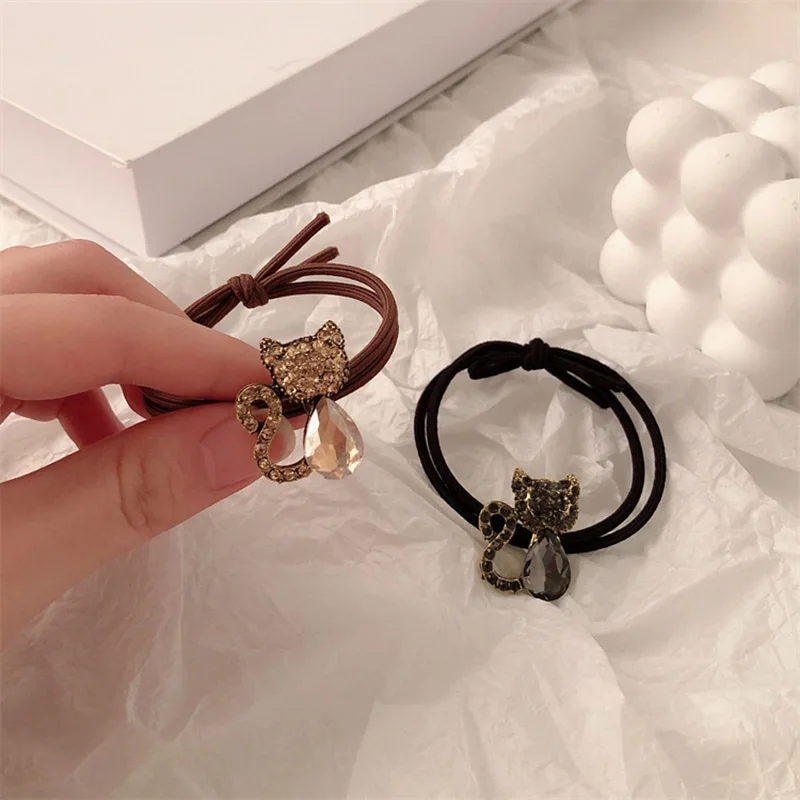 Fashion Rhinestone Crystal Cat Hair Rope Cute Metal Animal Hairbands Women Girls Elastic Ponytail Bun Headwear Jewelry Hair Ring