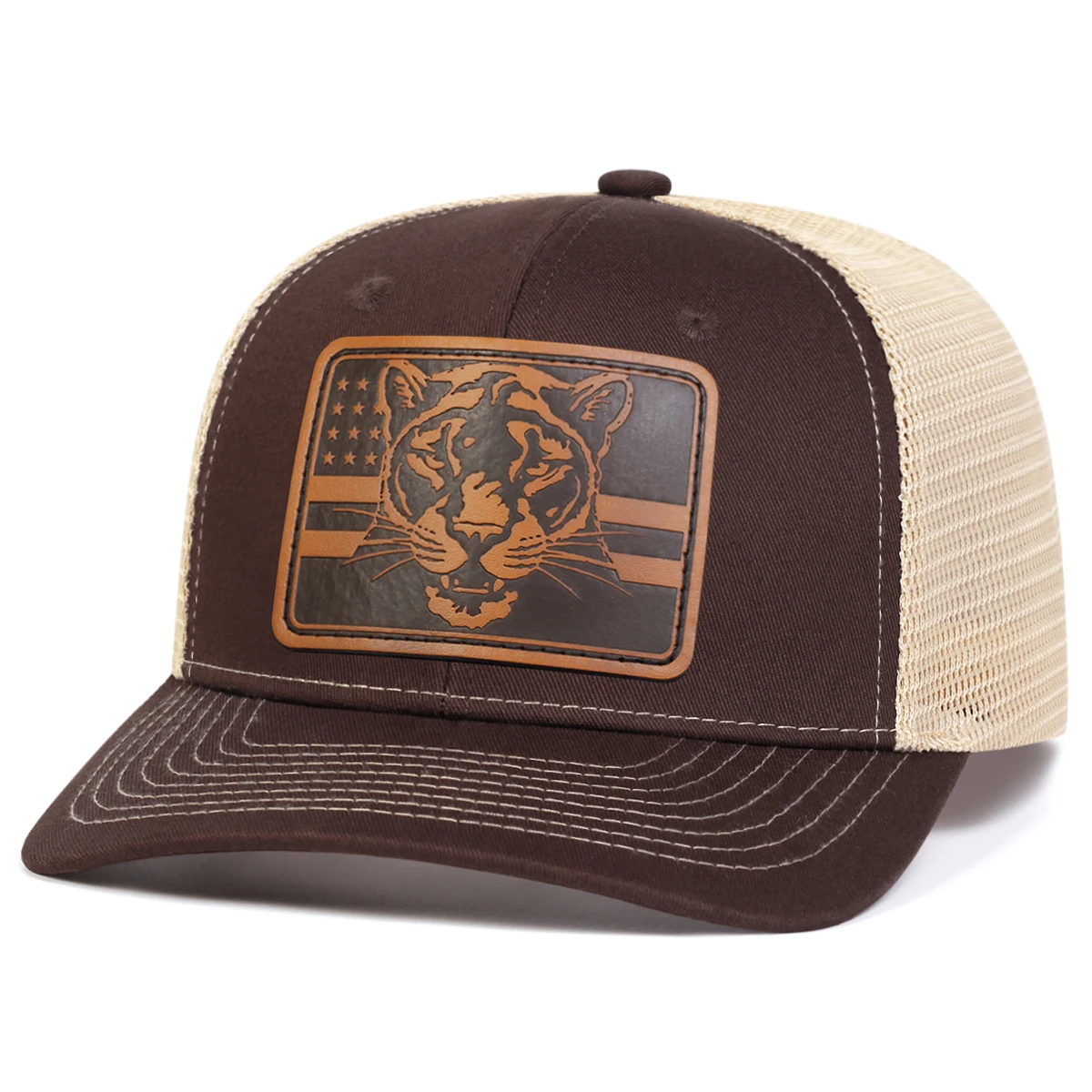 Unisex Brown Flag Tiger Head Leather Label Baseball Net Caps Spring and Summer Outdoor Adjustable Casual Hats Sunscreen Hat