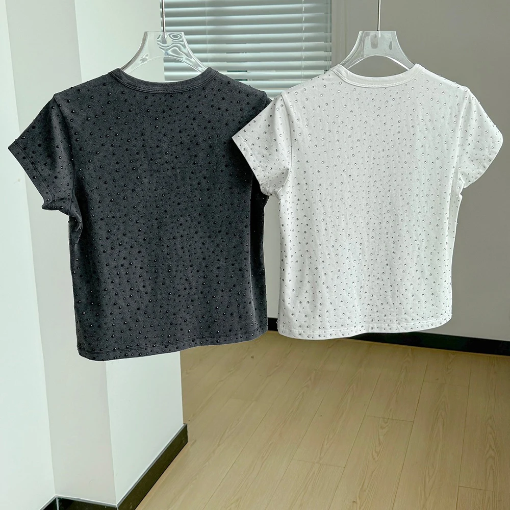 Women's Cotton Blend Rhinestone Studded T-Shirt Crew Neck Short Sleeve Sparkle Casual Tops Black White Spring 2026 Y2K