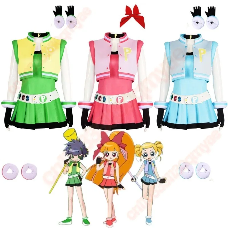 

Powerpuff Girls Anime Cosplay Full Set Costume for Girls - Blossom Buttercup Bubbles Halloween Fancy Dress with Belt