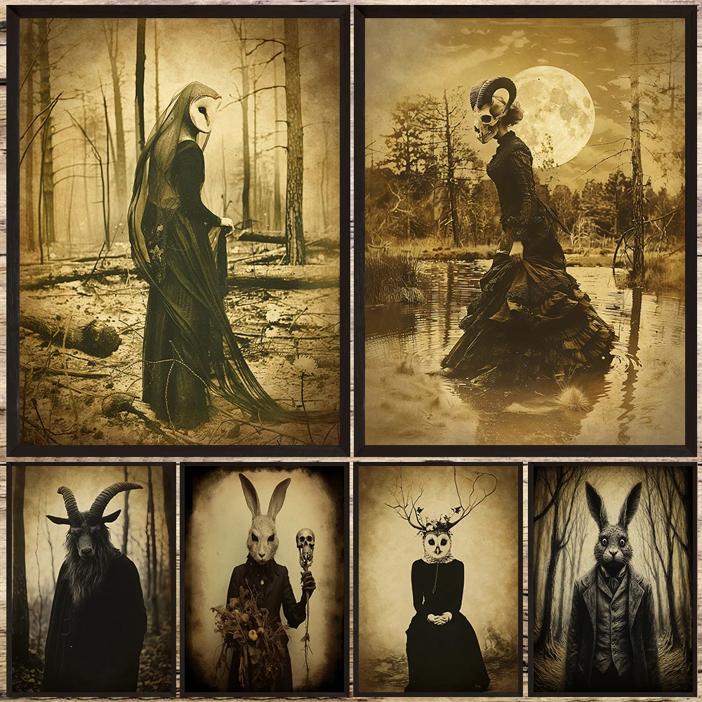 

Enigmatic Baphomet,Rabbit,Barn Owl In The Forest,Vintage Wall Art Canvas Print,Creepy Creature Gothic Occult Art Poster Print