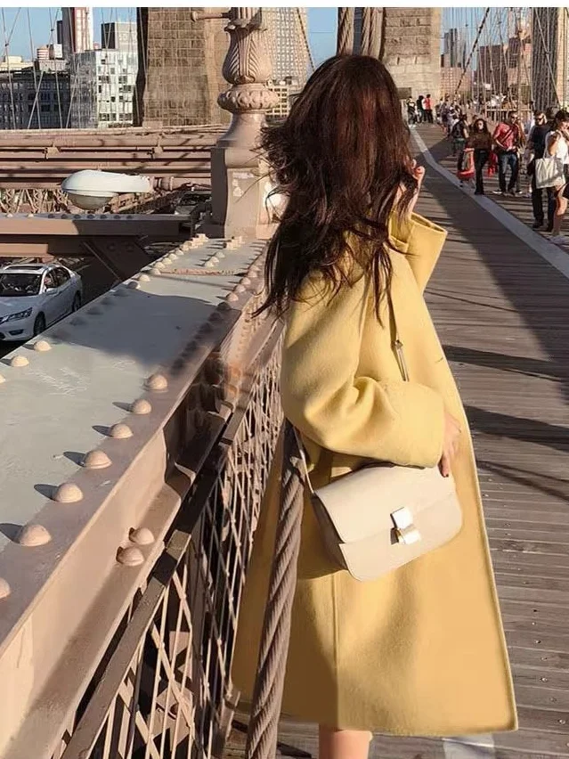 Yellow Soft Wind Woolen Coat Autumn Winter Women's Korean Design Fashionable Youthful Mid-Length Tweed Jacket