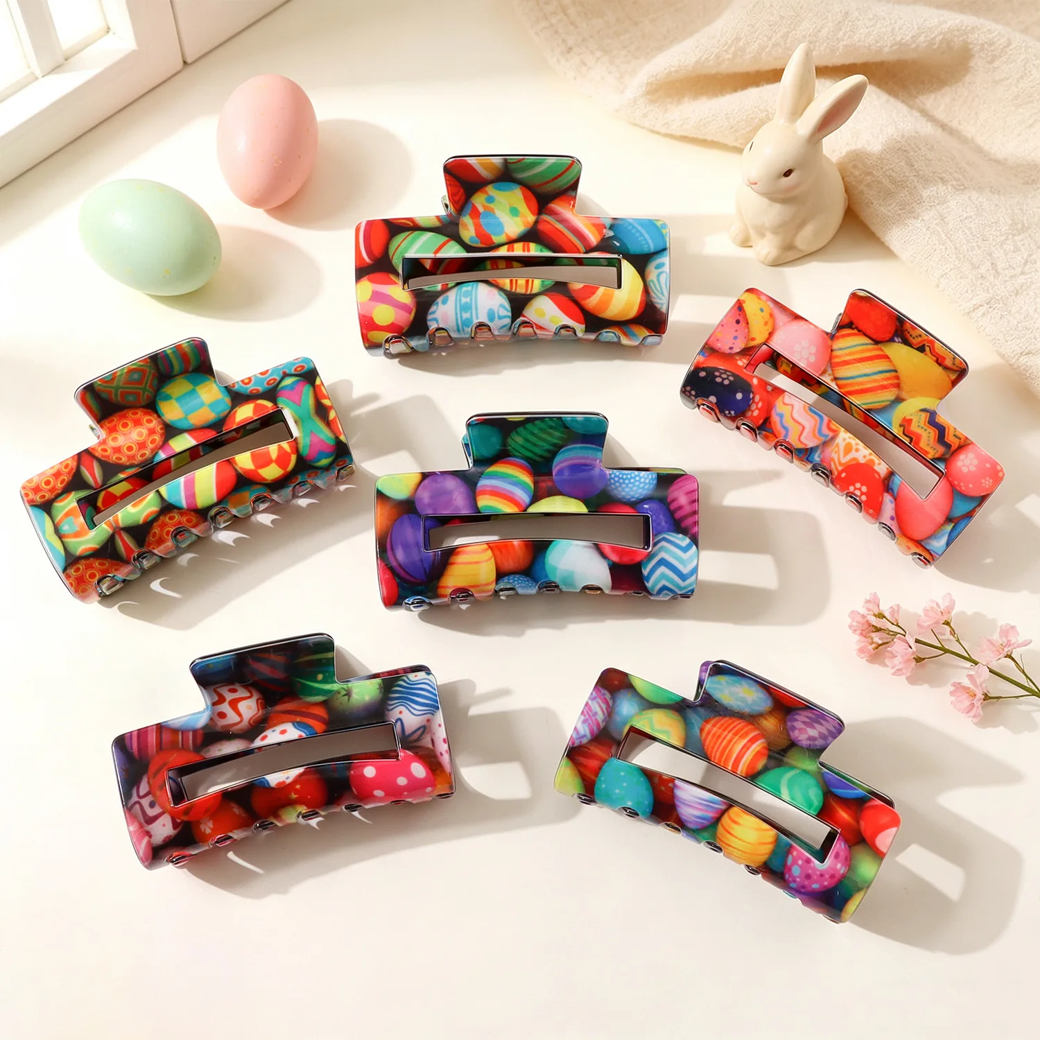 Easter Colorful Egg Print Hair Claw Clips Large Non‑slip Shark Hair Clamp Cute Festival Pattern Hair Grab for Women Girls Easter