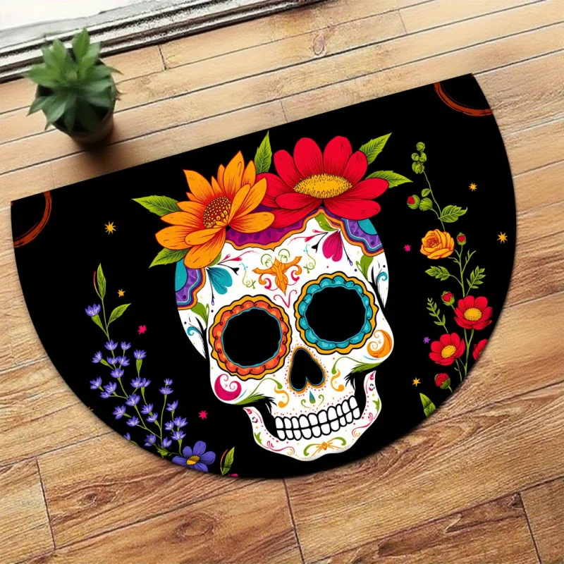 VIKAMA Day of the Dead Semi-Circle Welcome Mat Colorful Floral Sugar Skull Entrance Rug Indoor Outdoor Home Decor