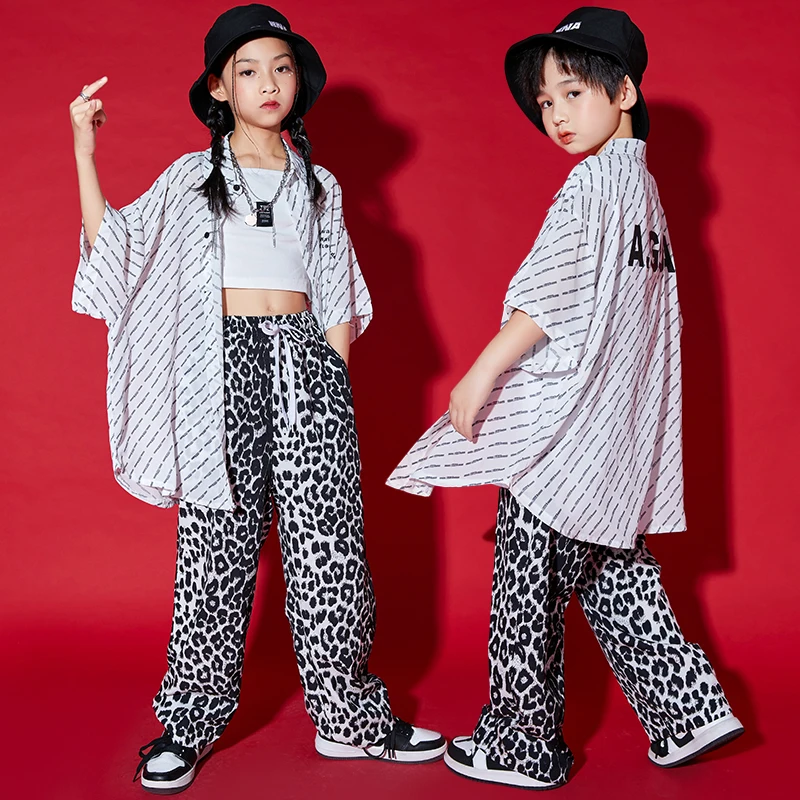 Kids Ballroom Hip Hop Clothing Oversized Shirt Top Streetwear Leopard print Pants For Girl Boy Jazz Dance Costume Wear Outfits