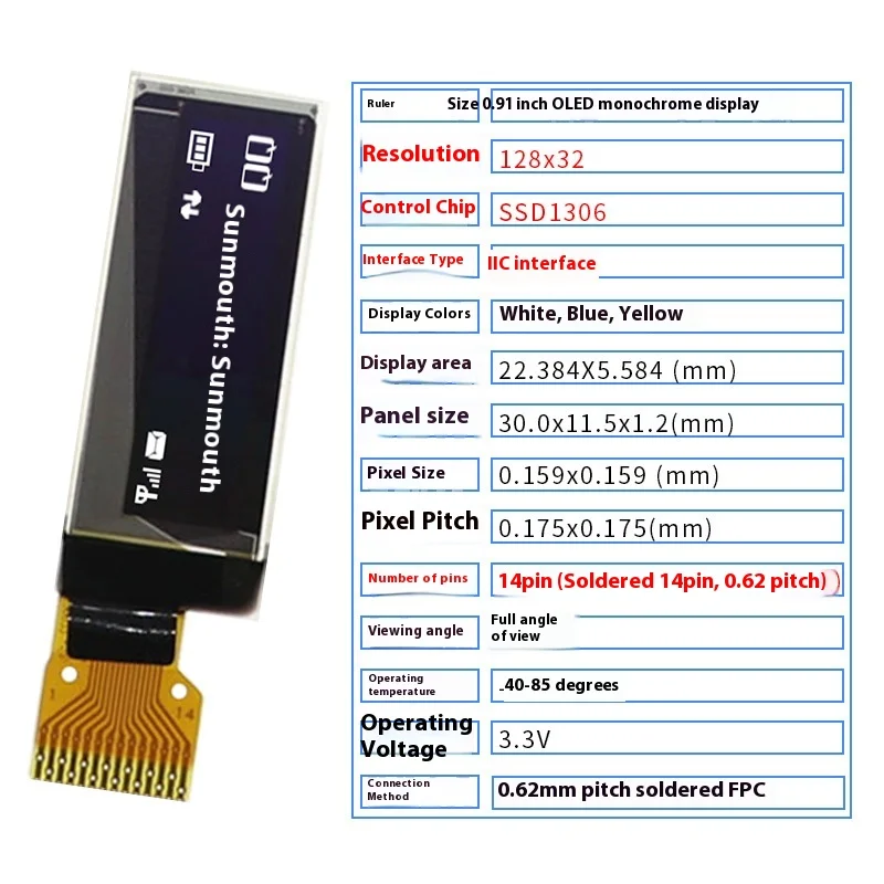 SSD1306 0.91 inch OLED Display 128x32 Dot Matrix SPI LCD Module 14Pin Smart Band Screen