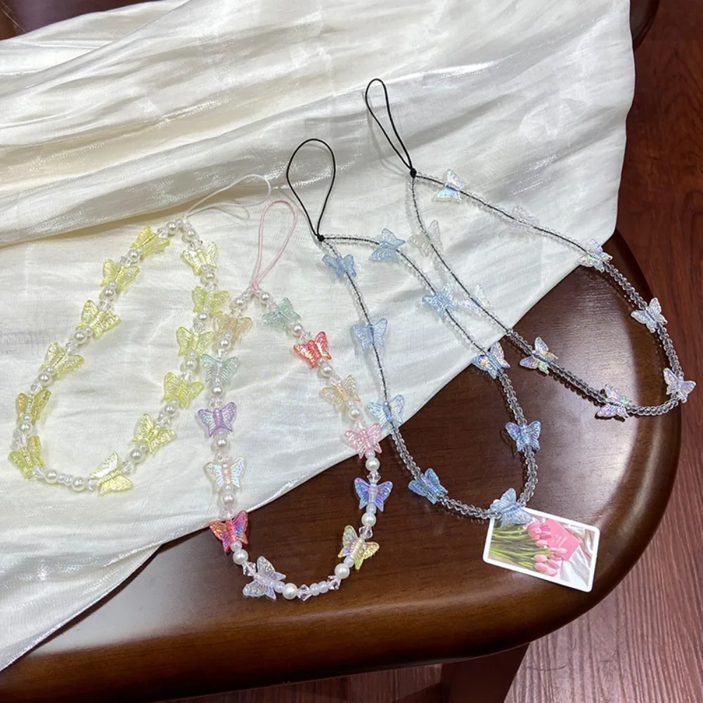 Butterfly Beaded Butterfly Cellphone Lanyard Anti-lost Crystal Clear Candy Colors Cellphone Keychain Sweet Kawaii