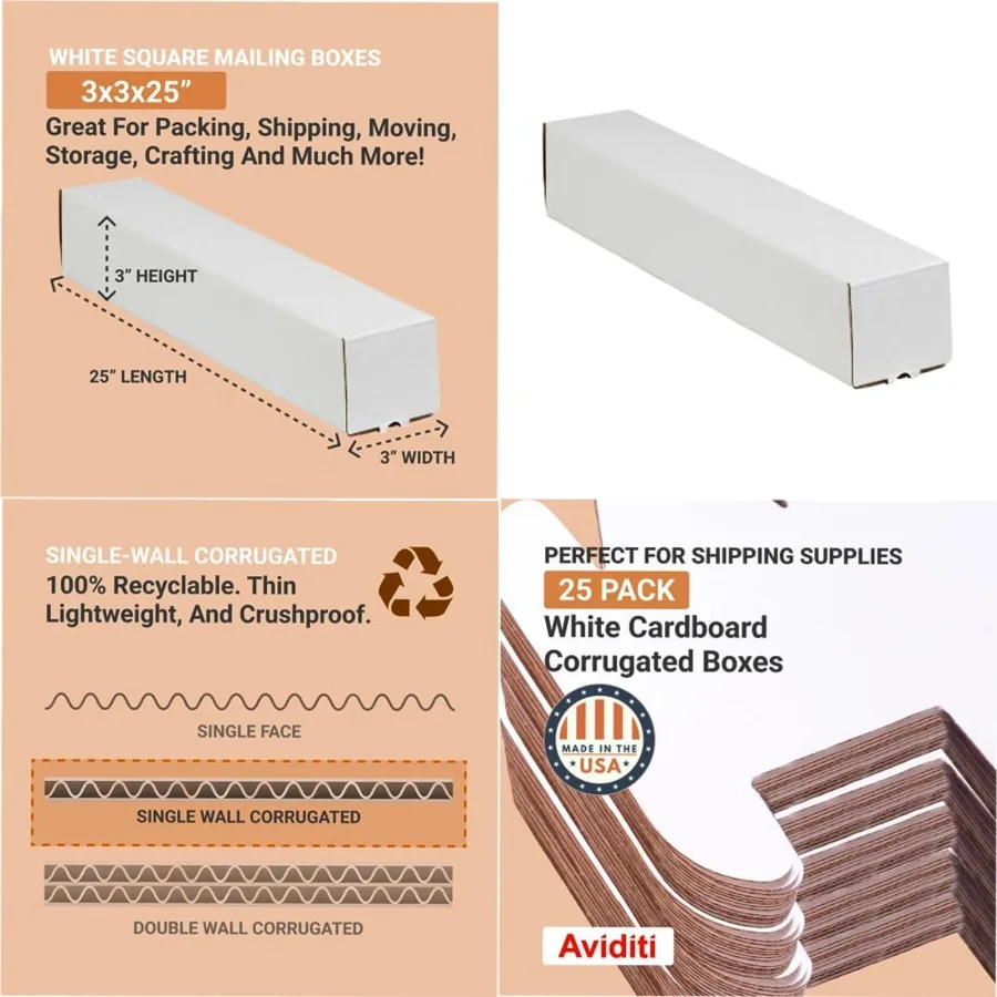 AVIDITI Long Cardboard Boxes, 25"L x 3"W x 3"H, Pack of 25 Poster Tube for Mailing and Storage of Blueprints, Artwork, Crafts,