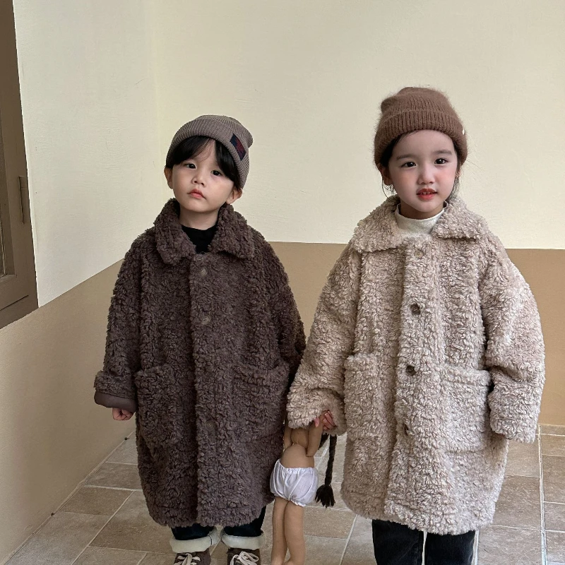 

2025 Winter New Children's Thick Solid Color Plush Medium to Long Collar Big Button Coat