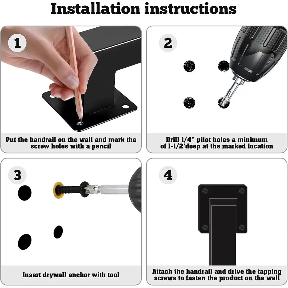 قضبان يدوية للدرج المعدني الأسود بطول 11 قدمًا - حديد مطاوع حديث، مثبتة على الحائط الصناعي للأعلى والشرفة والسطح