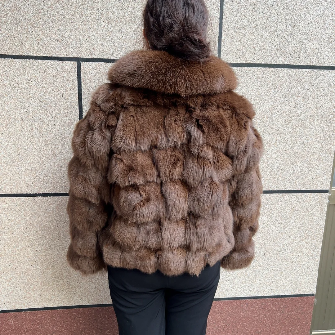 Chaqueta de Piel de Zorro Natural para Mujer HUA QIU MEI SI con Cuello de Zorro para el Invierno, Chaqueta Corta de Piel de Zorro Auténtica
