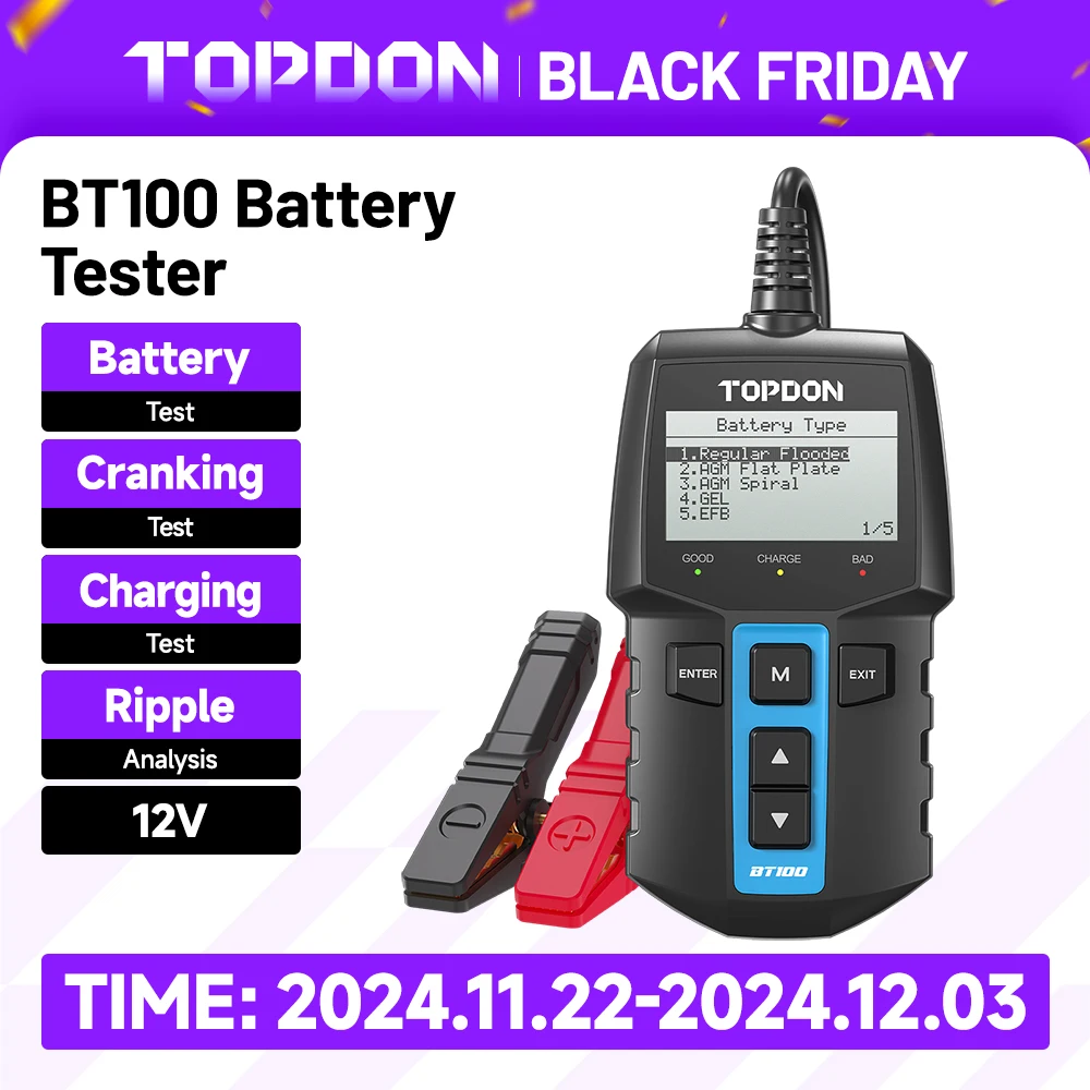 TOPDON BT100 Battery Tester Car Charger Analyzer 12V 2000CCA Voltage Battery Test Car Battery Tester Charging Tools