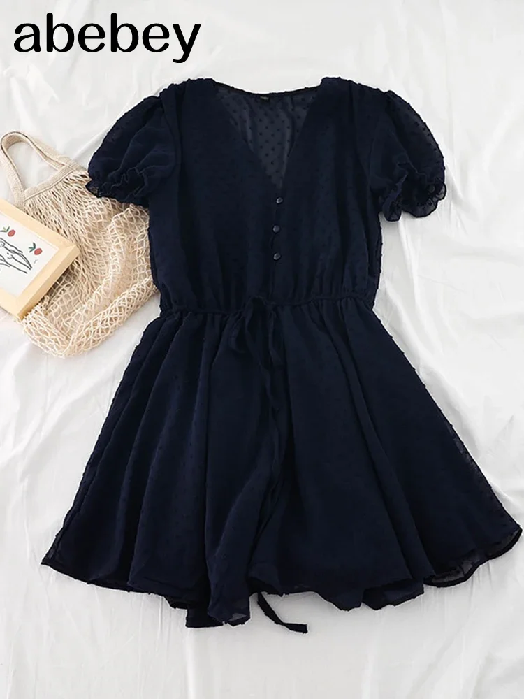 Women Dot Chiffon Rompers short sleeves Korean beach overalls bohemian loose casual summer wide leg pants playsuits