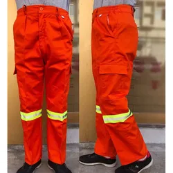 2024 Wear-resistant workout pants orange cotton overalls pants men casual loose HIPHOP pocket Reflective cargo pants for men