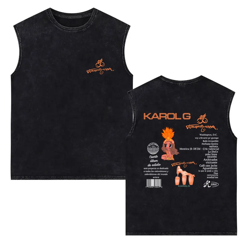 

Singer Karol G Album Tropicoqueta Vintage Washed Tank Tops Men Women Clothing Fashion Pop Music Sleeveless Vest Unisex Fans Gift
