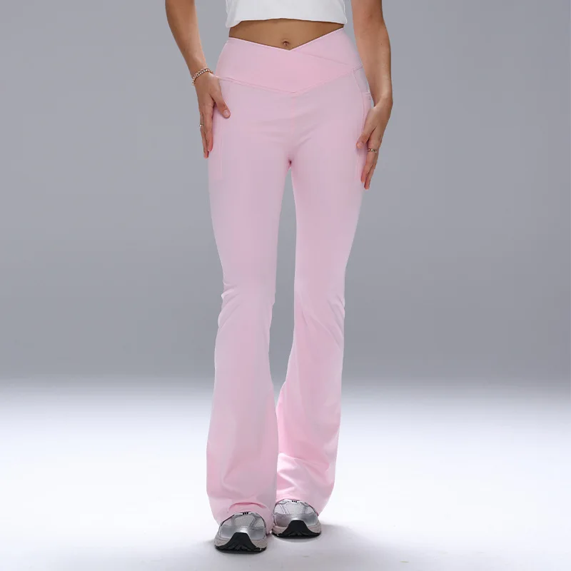 

Women Flared Leggings Crossover Waist Gym Fitness Workout Casual Trousers Yoga Pants Scrunch Sports Training Tights with Pockets
