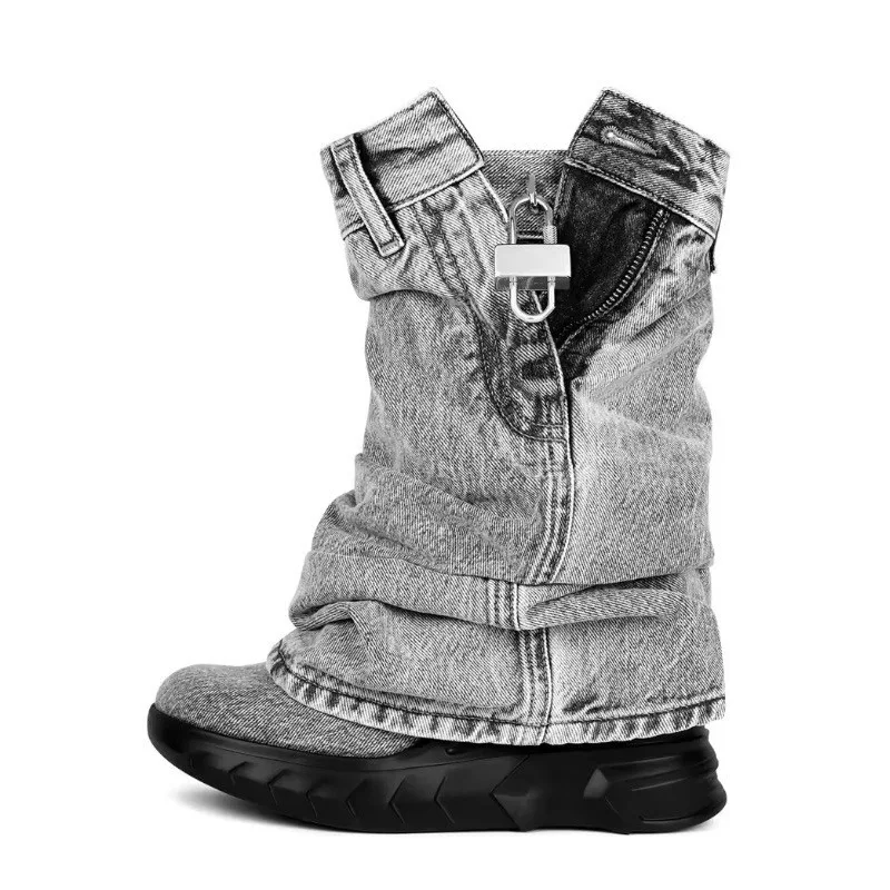 Round Toe Platform Wedge-Heel Black Cowboy Boots Metal Buckle Shark Botas Femininas Denim Short-Tube Large Size Trouser Botines