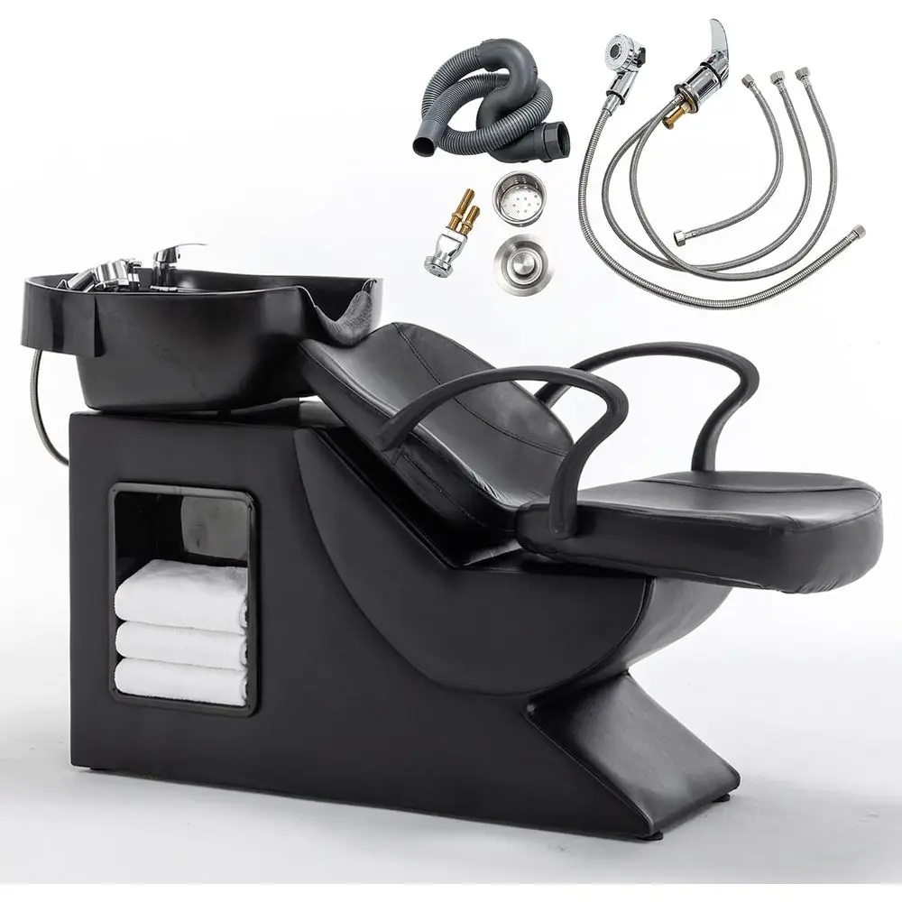 Adjustable Hair Washing Station with ABS Sink and PU Leather Chair, Small Black, Hot/Cold Faucet & Sprayer for Home Spa Barbersh
