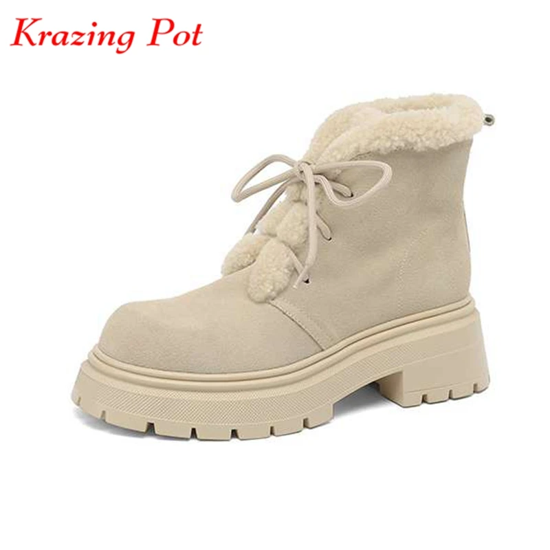 

Krazing Pot Fur Cow Suede High Quality Round Toe Winter Warm Snow Boots Thick Bottom Punk Style Leisure Platform Ins Ankle Boots