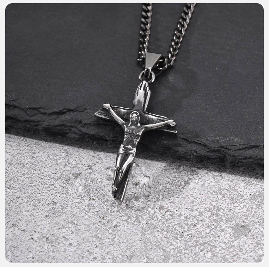 Vnox Herren Vintage Antik-Look Edelstahl Jesus Kruzifix Kreuz Anhänger Halskette, Retro Grau Religiöser Katholischer Halsschmuck – Detail 6