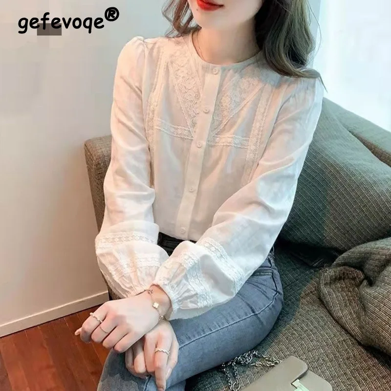 Vintage Simple Chic Sweet Lace Embroidery White Cotton Tops Blouses Spring Autumn Casual Long Sleeve Button Up Shirts for Women