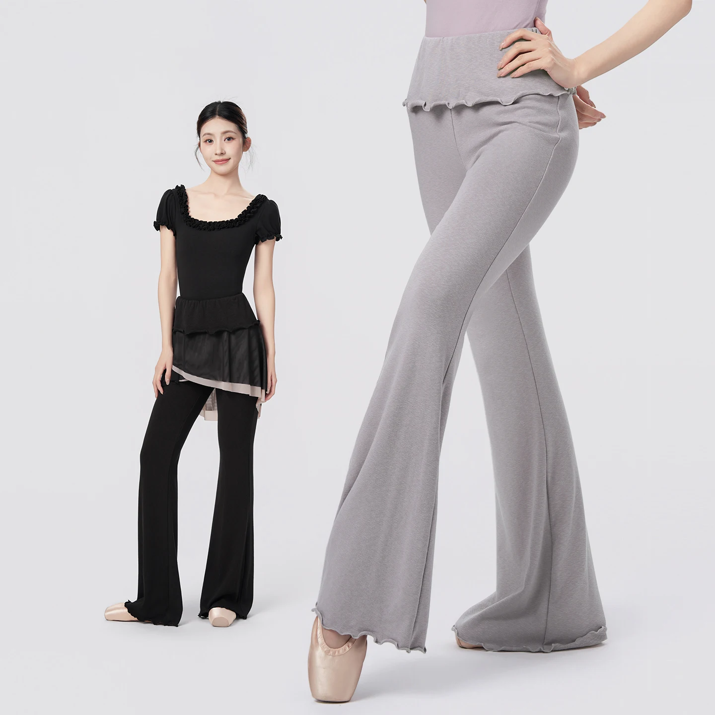 Damen Ballett-Schlaghose mit Hoher Taille, Rüschenbund, Dehnbarem Baumwollstoff, Yoga- und Modern-Dance-Hose, Gymnastik-Übungshose