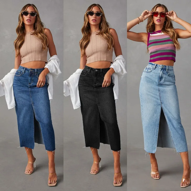 

Womens High Waist Denim Midi Skirt Front Slit Frayed Hem Jean Skirt