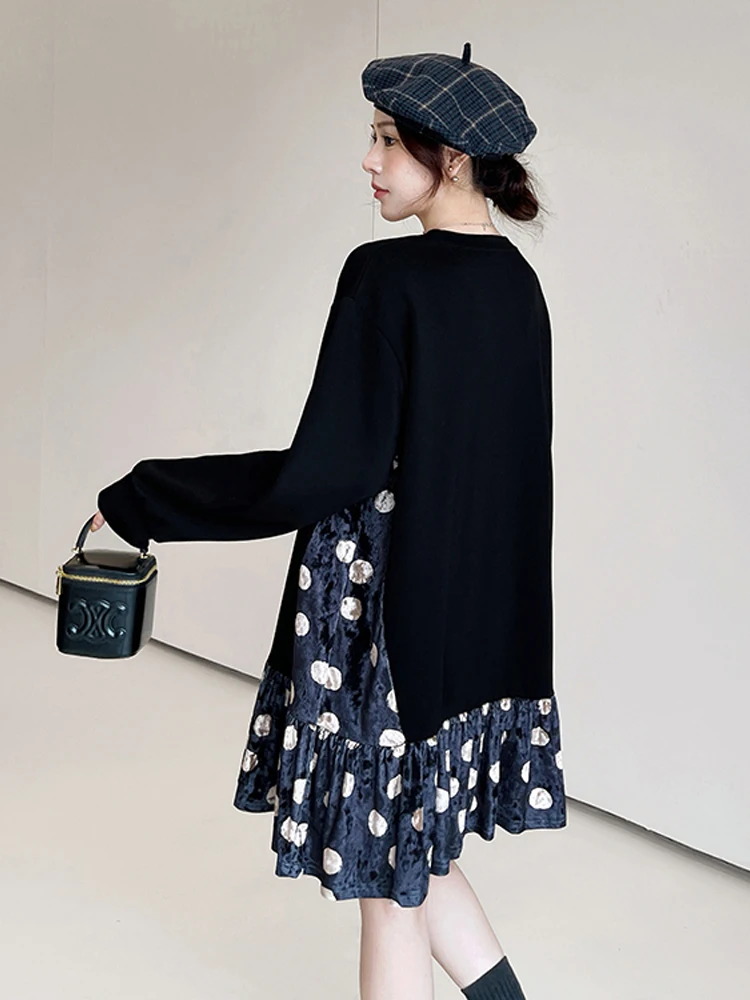 NYFS فساتين نسائية خريف شتاء فضفاض حجم كبير المرقعة المخملية نقطة هيم Elbise رداء نمط فستان كاجوال عصري #2