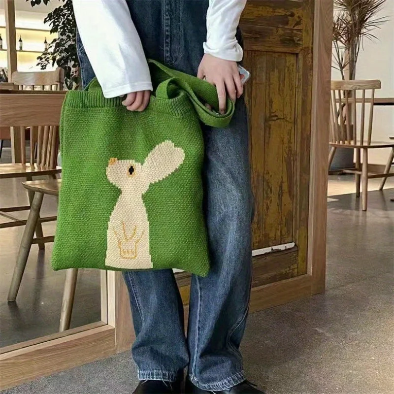 Green Knitted Rabbit Tote Bag Stylish Rabbit Knitted Bag Portable Shopping Shoulder Bag Gift Bag Female Package