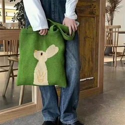 Green Knitted Rabbit Tote Bag Stylish Rabbit Knitted Bag Portable Shopping Shoulder Bag Gift Bag Female Package