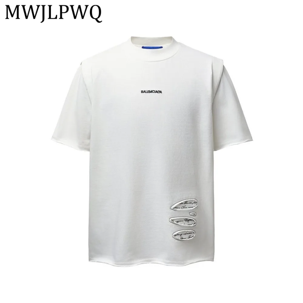 

Футболка MWJLPWQ для мужчин, плотная, с коротким рукавом, летняя, свободного кроя, в американском уличном стиле, с эффектом потертости и необработанными краями, 14311