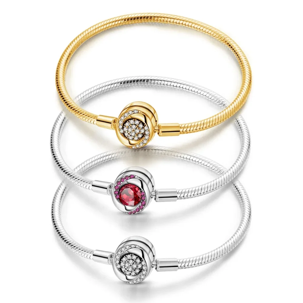 925 Sterling Silber Rotes Rundes Zirkon Modisches Armband für Frauen Passend für Original DIY Charm Perlen Schmuck Geschenk Charm-Armband