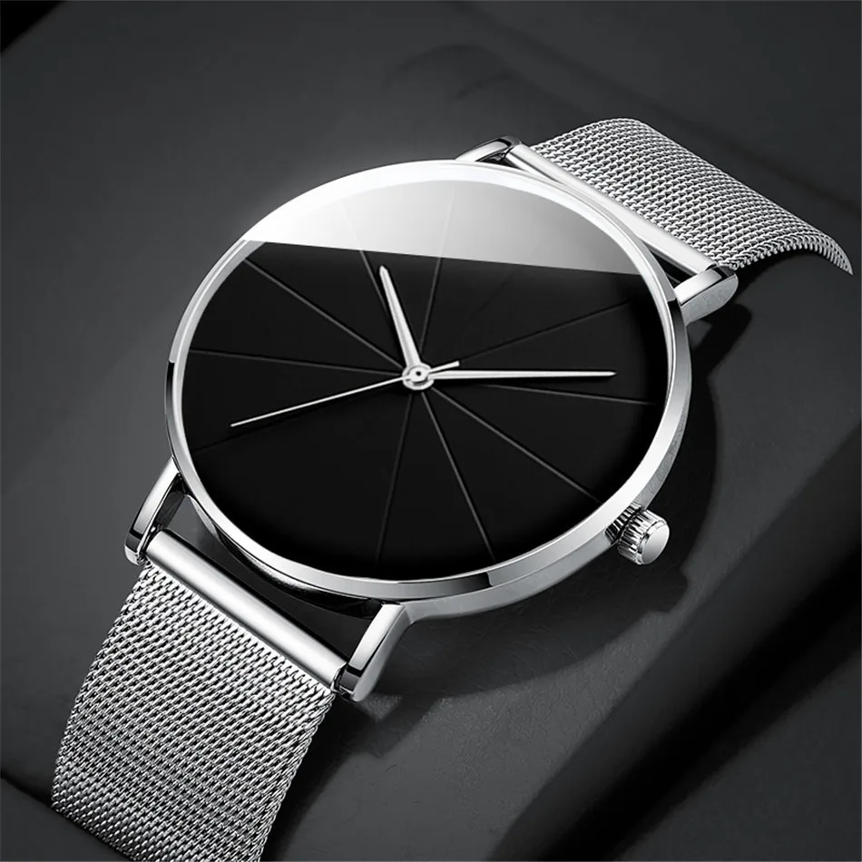 Casual Round Pointer Quartz Watch Large Geo Dial Analog Mesh Strap Wristwatch For Women Men