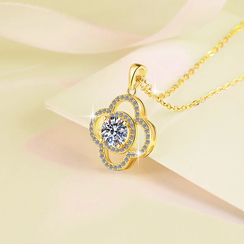 

Роскошное женское ожерелье из цельного золота 18 карат с муассанитом, 1 карат, цвет D, подвеска-клевер с муассанитом, цепочка на ключицу