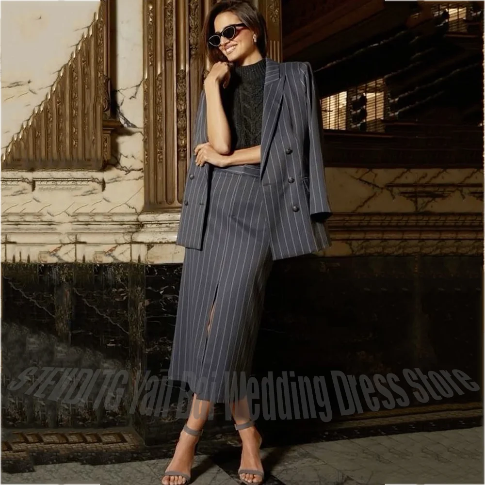 Elegant Fashion  Women Suits Grey Striped Double Breasted Peaked Lapel Blazer Mid Skirt Modern Style Office Lady Business Casual