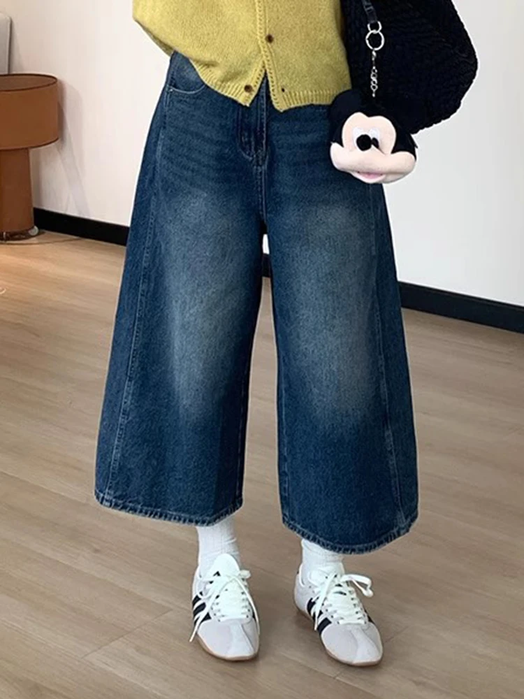 PBAP Women Cropped Baggy Jeans Whiskers Vintage Washed Loose High Waist Straight Wide Leg Bermuda Pants Casual School Streetwear