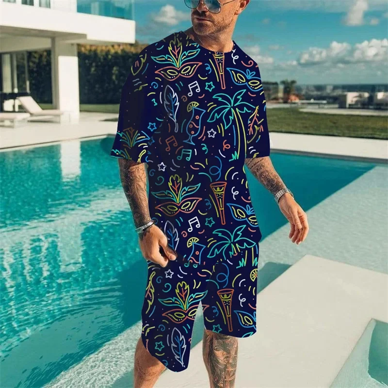 2024 New Summer Men\'s T Shirts+Shorts 2PCS Outfits Casual Holiday Style Shorts Sets 3D Print Male Clothes O-Neck Sportwear Suits