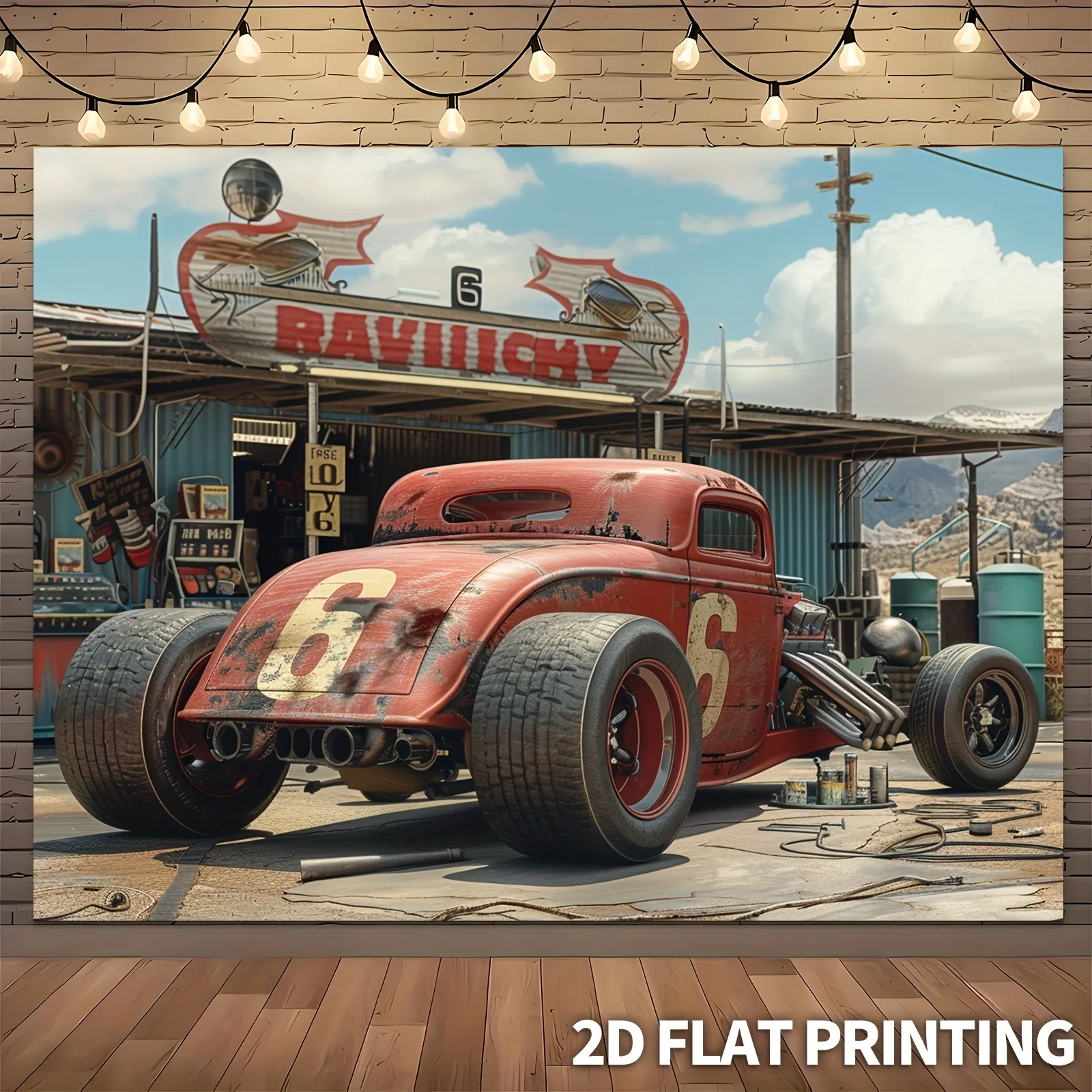 1 vintage hot car racing and desert gas station background - country garage-themed party banner, car decoration - Detail 1