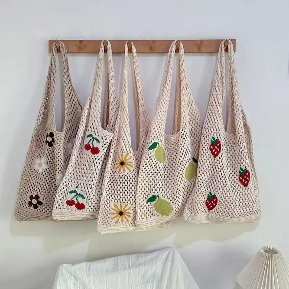 

Large Capacity Shoulder Bags Flower Pattern Hollow-out Woven Crochet Hobo Bag Lazy Style Knitted Handbags for Women Girls