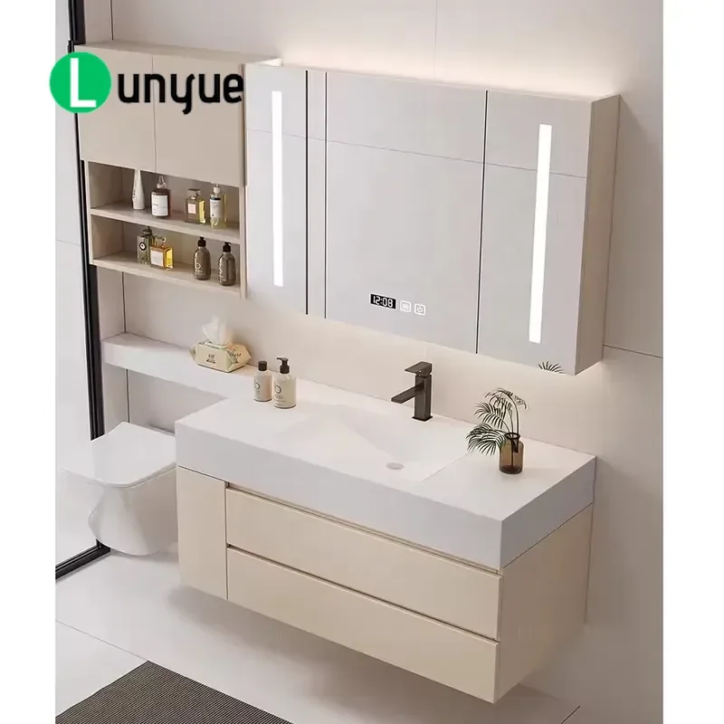 Cream Solid Surface Bathroom Vanity with Mirror Wooden Panel Wash Basin Cabinet Modern Design Storage Furniture for Home Bath