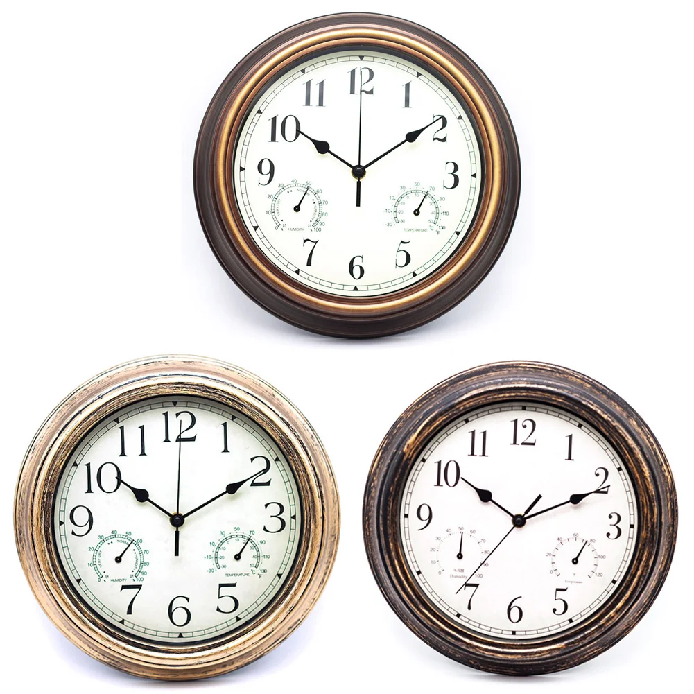 12inch Wall Clock,Retro Waterproof Clock With Displays Thermometer&Hygrometer,Noise-Free Clock For Indoor/Outdoor