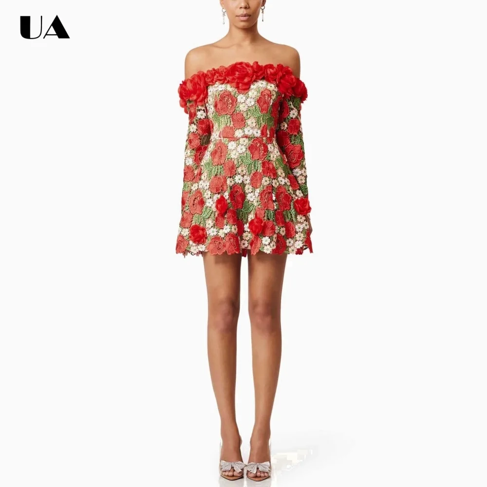 

Summer New Off-the-shoulder 3D Flower Mini Dress, French Style Long Sleeve Short Dress, Fashionable Lace Cocktail Party Dress