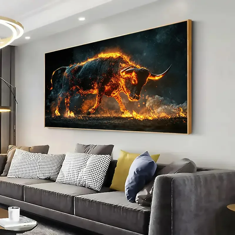Vivid Flaming Abstract Bull Canvas Wall Mural, Frameless Modern Decor with Dynamic Orange and Dark Background for Living Room
