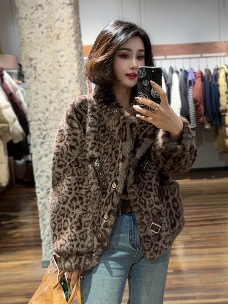 Chaquetas de piel sintética a la moda para mujer, abrigos elegantes de moda integrada con estampado de leopardo, pelo de visón de imitación, piel cálida, invierno 2024