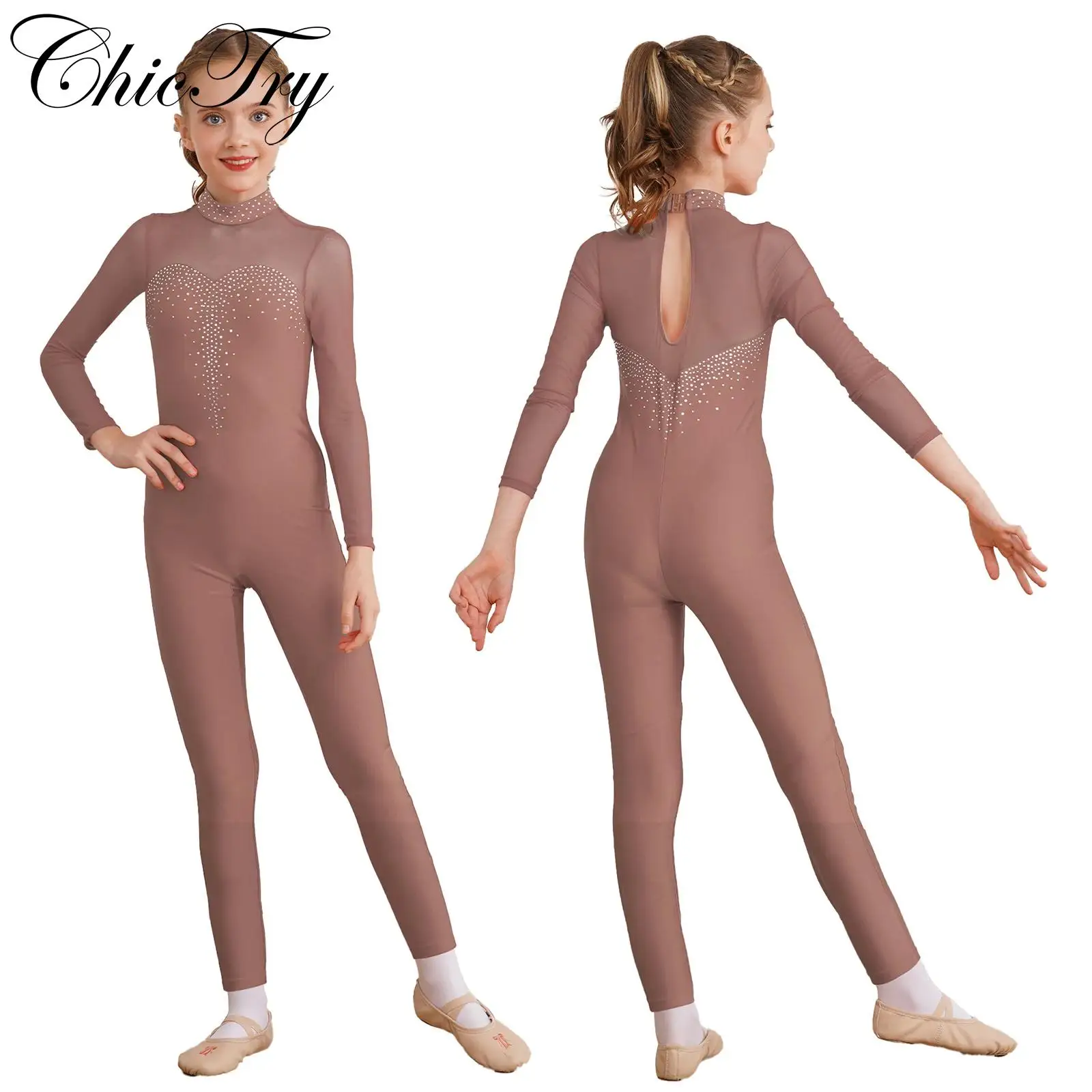 Kids Girls Figure Skating Jumpsuit Ballet Gymnastics Leotard Skinny Bodysuit Acrobatics Long Sleeve Shiny Sheer Mesh Unitard