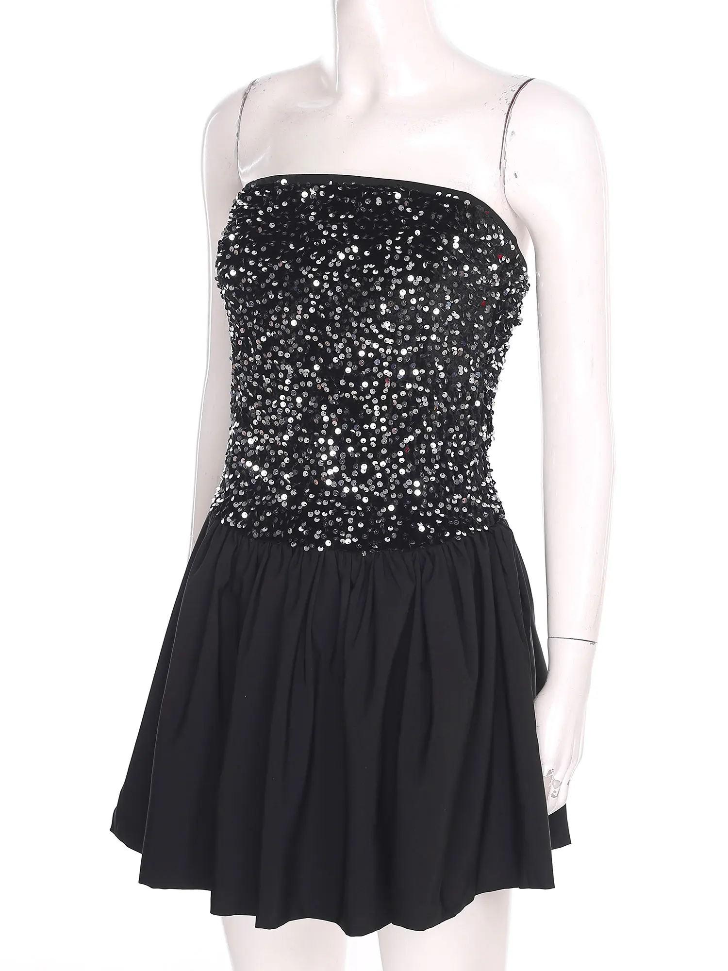 Womens Cocktail Mini Prom Dress Pleated Strapless Birthday Party Dress Girls Club Outfits Shiny Sequined A-line Hem Mini Dress