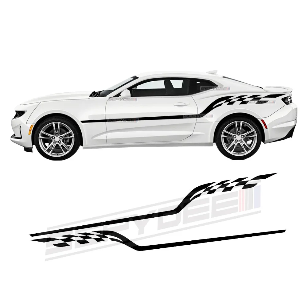 2Pcs Car Rocker Panel Upper Side Stripes Decal For Chevrolet Camaro 2016-2024 Body Checkered Graphics Sticker