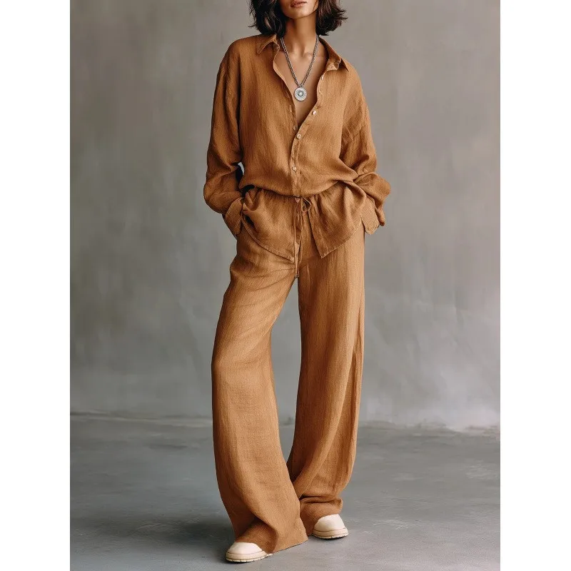 Casual Long Sleeve Set with Full Length Literary Retro Elegant Women Sets and Patchwork Shirt Long Pants Pocket Button Autumn