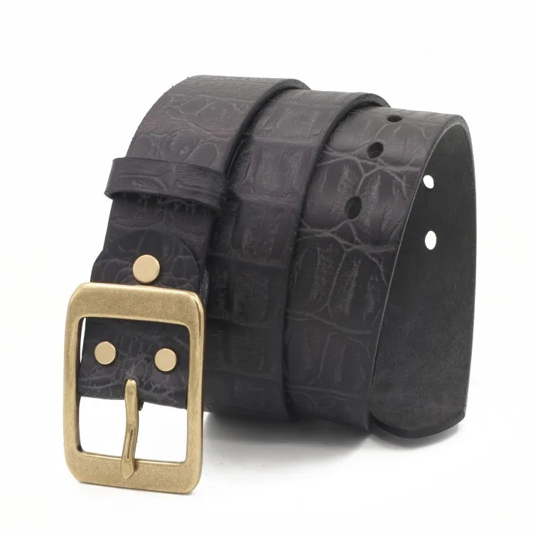 レトロクロコダイル柄メンズベルト、無垢銅製バックル、牛革多用途ベルト、ジーンズ装飾、アメリカンスタイル本革ベルト